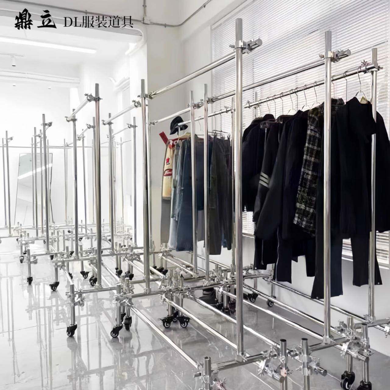 服装店展示架脚手架落地式可移动中岛架不锈钢工业风陈列架挂衣架
