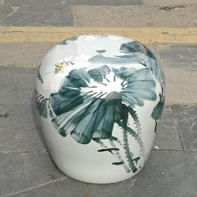 手绘荷花陶瓷凳子凉凳陶瓷桌凳纳凉凳子阳台庭院装饰摆件