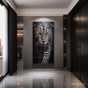 轻奢高级感入户门玄关装饰画高端大气走廊过道尽头壁画金钱豹挂画