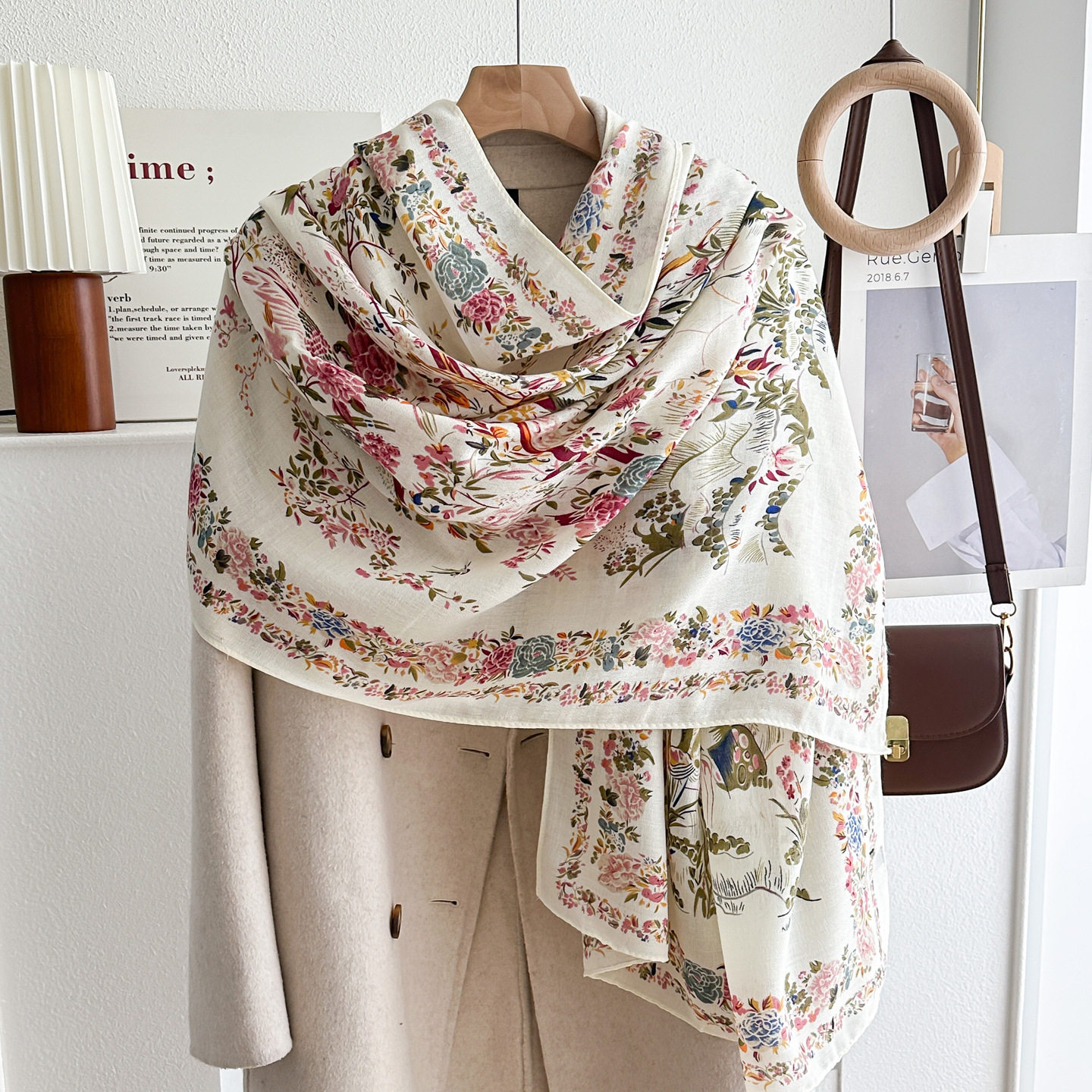 日本品质米色碎花棉麻丝巾女田园风百搭旅游拍照大尺寸围巾披肩送