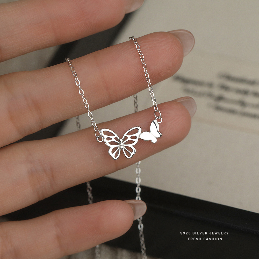 日本品质原创S925纯银光面镂空蝴蝶项链女小清新韩版ins风素银锁