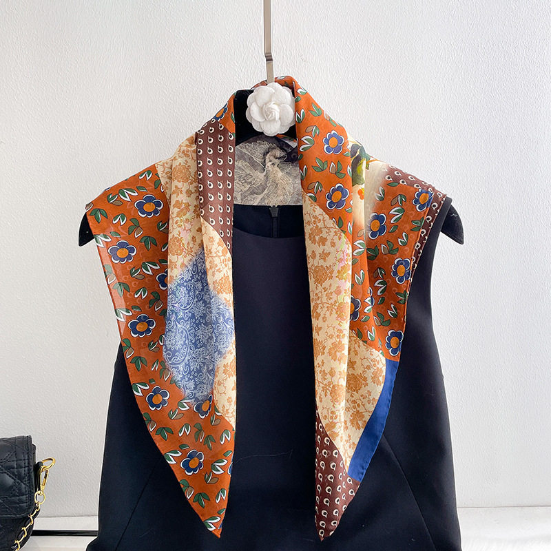 日本品质花朵小方巾女春季薄款清新气质领巾时尚防嗮拼色桑蚕丝棉
