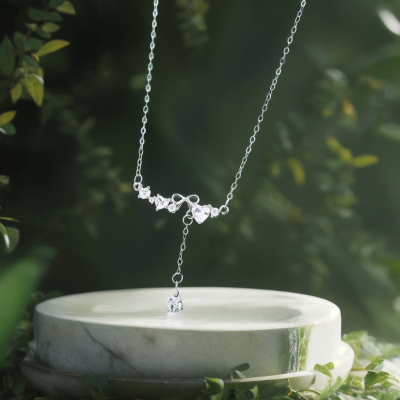 日本品质S999纯银蝴蝶结爱心水滴项链女款轻奢高级感长款流苏小清