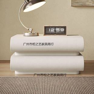 205新款 极收卧室实木床边UJW纳2 网红奶油风简白色床头柜皮质意式