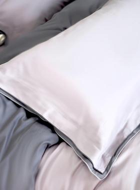 F765M7M9J6DA紫灰色纯棉轻1奢00支粉贡缎床单花边枕套纯色被床笠