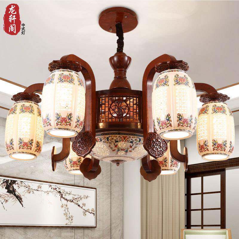 新中式吊灯实客厅陶瓷餐厅仿古酒店别墅灯CAM复式现代吊国灯具木