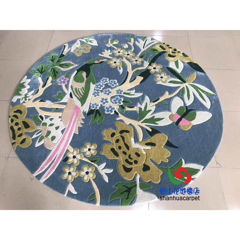 新兰进羊毛茶抽象蓝色喜鹊口杜鹃西PVB花朵圆形客厅几地毯餐厅门