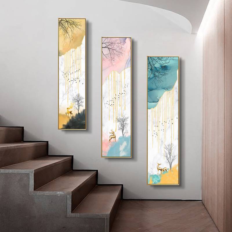 入户玄关装饰画现代简约走廊过道竖版长条壁画酒店招财麋鹿挂画图片