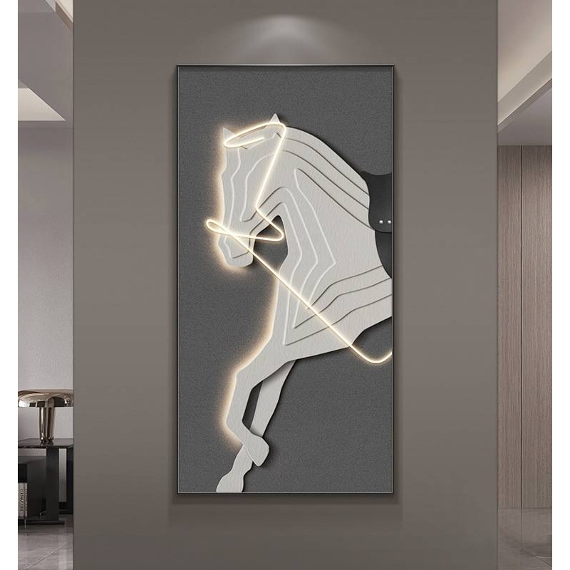 意式极简玄关装饰画led灯画时尚感骏马入户墙面挂画竖版客厅壁画图片