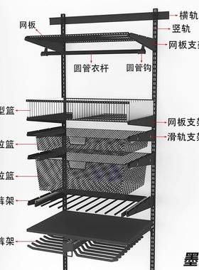 64430黑色新款步式入金属衣柜开放衣帽间上墙A柱组装式挂衣A框架