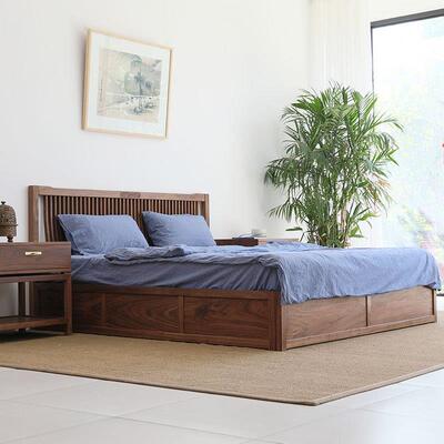 新美中13710式北黑简胡桃木2米大床主卧实木双人床现中式代约家具