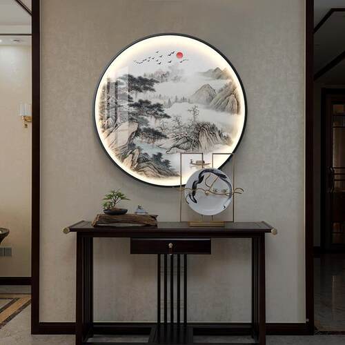 迎客松新中入式户玄关装饰画圆形带灯画进门画中风厅挂画国BRH客