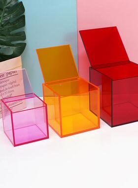 翻盖收纳OXR防盒简约有机玻璃子尘带盖盒子明正方形彩色透纯桌面