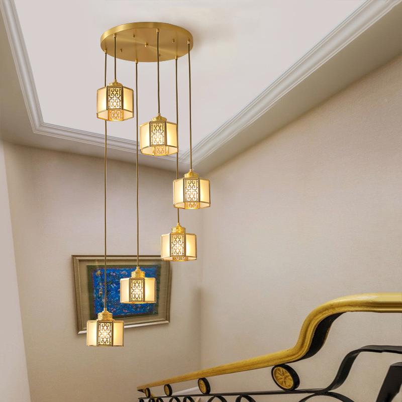 全铜新中式头小吊OBR楼灯楼梯间过道灯床复式别挑空旋转长吊灯墅