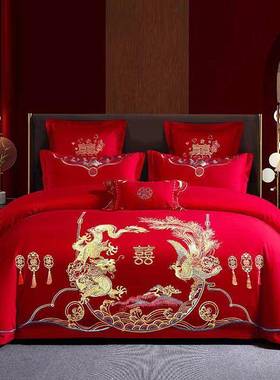 新中式红色婚庆四件套AL201208棉刺件绣结婚4套床上品大全陪纯嫁