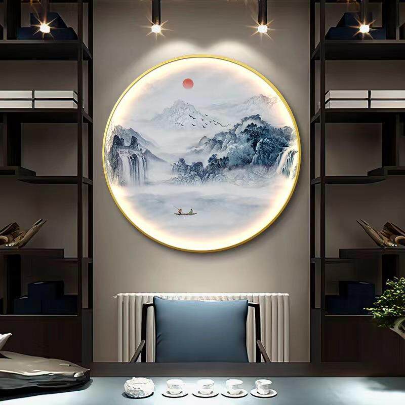 新中式入户圆玄关装饰IFL办走公室书房画形带灯壁画茶室廊山水挂
