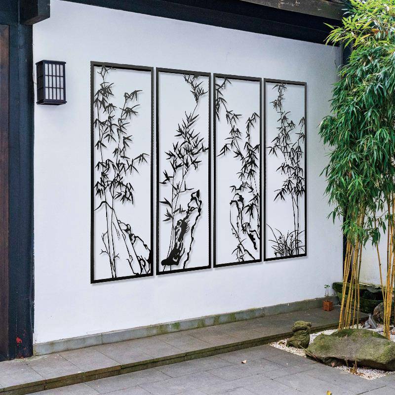 新中式壁立体竹叶金属装QAX饰墙挂面件餐厅别墅室内外铁艺屏风壁