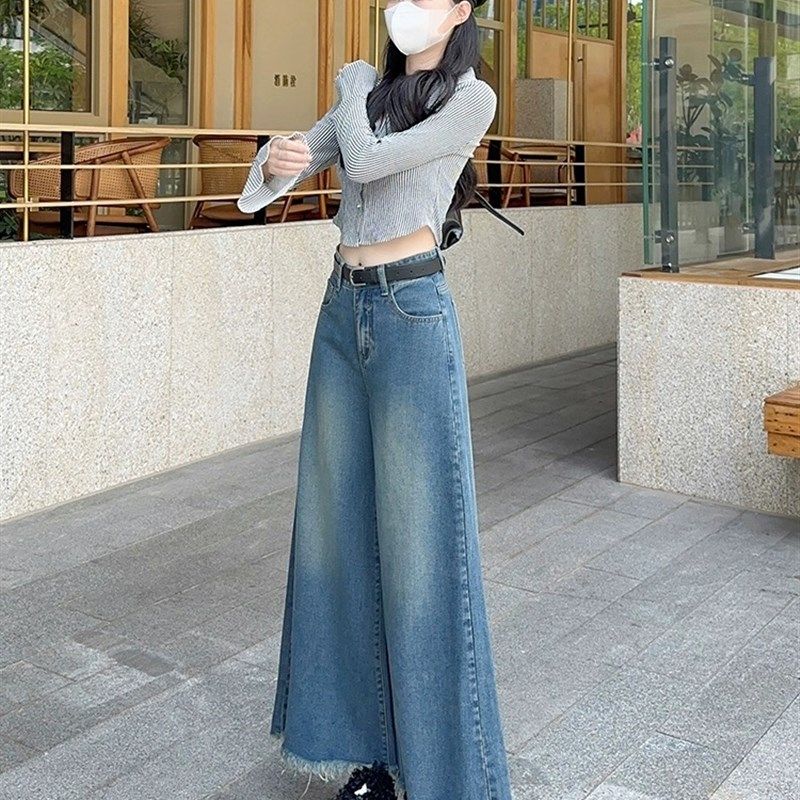 高腰复古深色毛边阔腿牛仔裤女春夏薄款小个子显高宽松梨形抖抖裤
