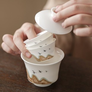 便携式 国潮文创千里江山旅行茶具套装 户外快客杯旅游便携一壶三杯