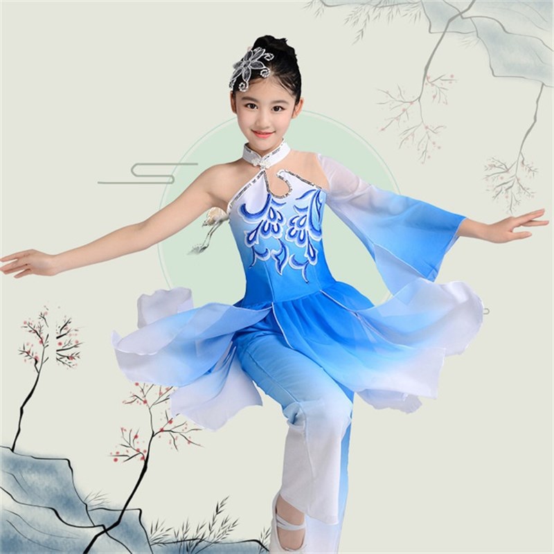 青花瓷演出服儿童古典舞表演元旦儿童节女童飘逸舞蹈服扇子舞服装图片