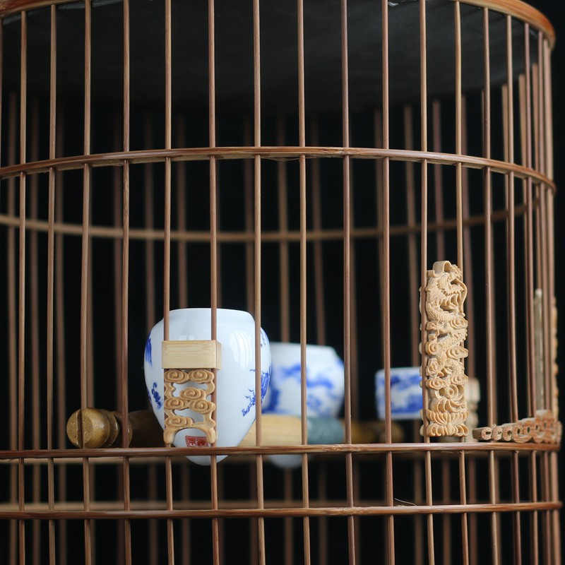 画眉竹鸟笼紫竹手工老竹活底竹皮抛光雕刻全套竹鸟笼钢丝底留青