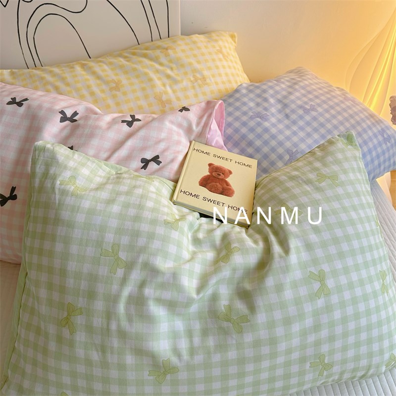 仙女的枕套少女心格子蝴蝶结全棉单品单个枕头套48x74cm枕袋1个