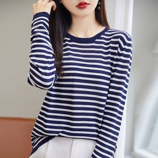 25春秋新款黑白条纹毛衣女圆领薄款套头针织衫短款宽松长袖t恤衫