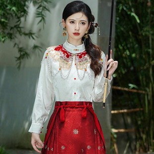 快速发货新中式衬衫配马面裙的上衣长袖汉服国风女装W加绒立领白