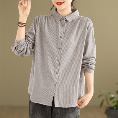 快速发货文艺休闲双层棉纱条纹衬衫女士春季宽松气质W显瘦打底长