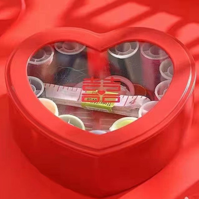 结婚针线盒女方娘家陪嫁妆红色圆心形针线包婚庆用品便携式收纳盒