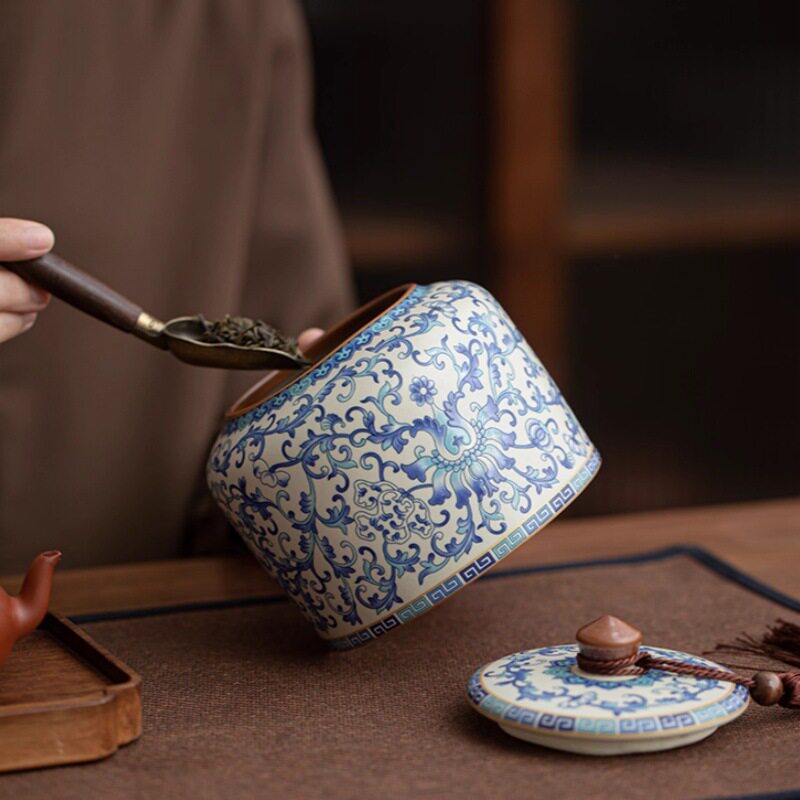 青花汝窑茶叶罐大容量陶