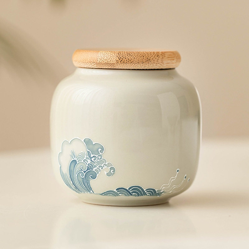 手绘堆雕海浪茶叶罐密封