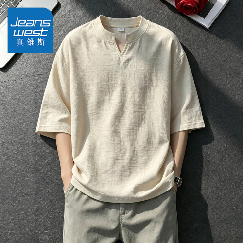 真维斯仿亚麻V领时尚纯色短袖