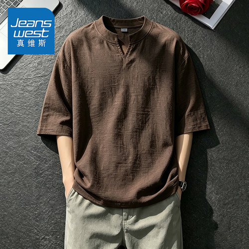 真维斯老钱风仿亚麻V领正肩短袖