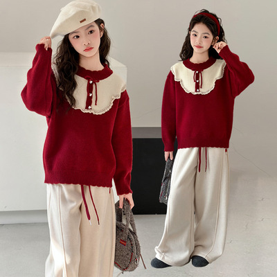 女童秋冬款红色新年服加厚毛衣