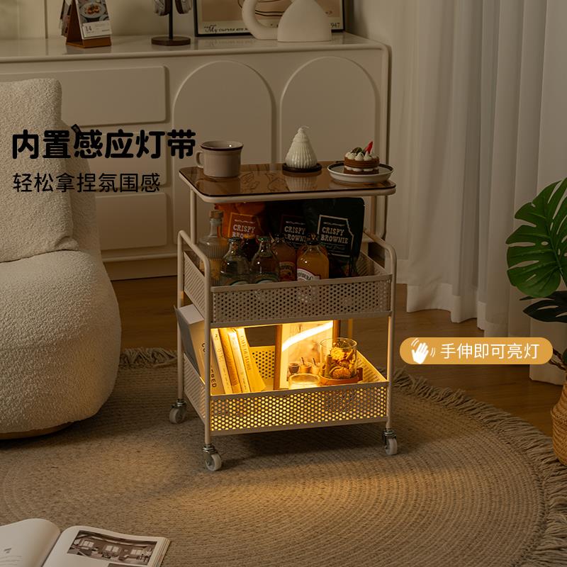 可移动边几奶油风客厅迷你沙发小茶几铁艺零食小推车置物架床头柜