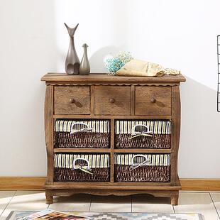 包邮覆古收纳斗柜客厅电视柜藤编框抽屉柜实木储物床头柜多抽屉柜