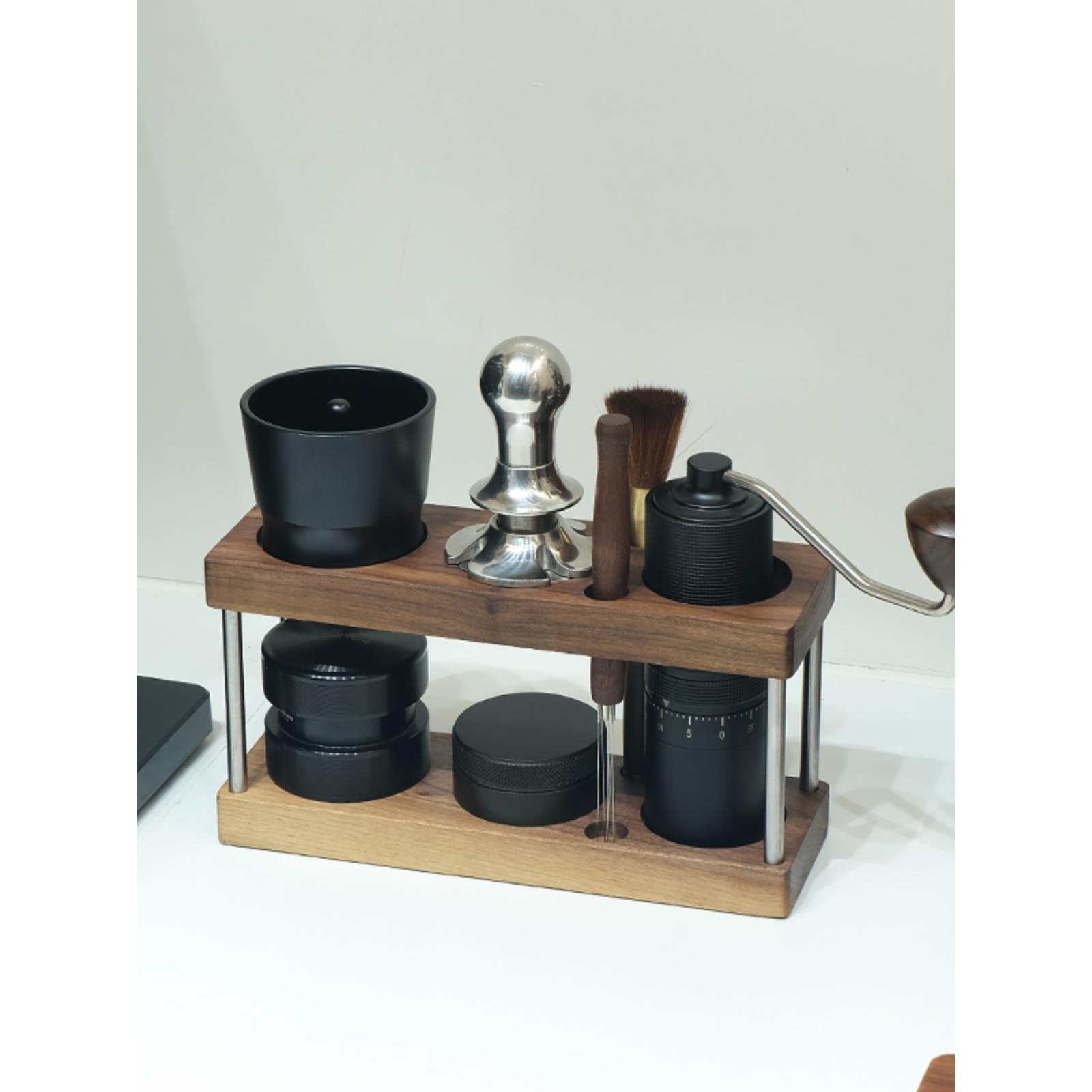 咖啡粉锤手摇研磨机压机储物架双层六孔黑胡桃咖啡器具多功能储物