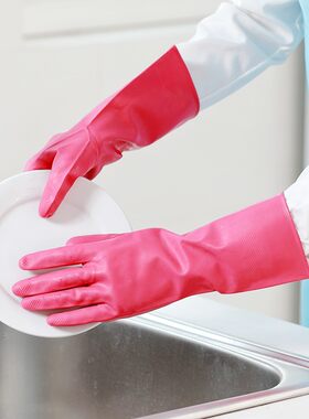 曼妙洗碗手套女橡胶薄款厨房贴手耐用型洗衣服清洁家用艾丽胶小码