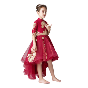 女童中式走秀礼服前短後长公主裙红色花童小主持人儿童钢琴演出服