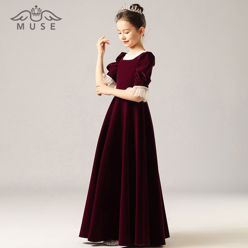 钢琴演奏礼服女大童晚礼服裙春季花童婚礼小女孩礼服红色绒朗诵服