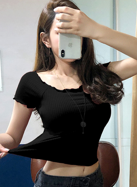 红色短款一字肩高腰上衣女性感锁骨紧身短袖T恤针织衫2020年夏季