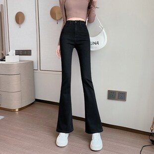 微喇叭牛仔裤女秋冬2023年新款加绒黑色高腰紧身显瘦拖地加长裤子