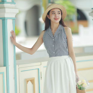 港风复古露肩上衣西装领黑白格子无袖衬衫白色A字半身裙套装女夏