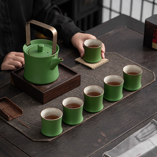 家用陶瓷茶壶 竹韵水壶水杯大容量一壶六杯仿竹原矿粗陶茶具套装