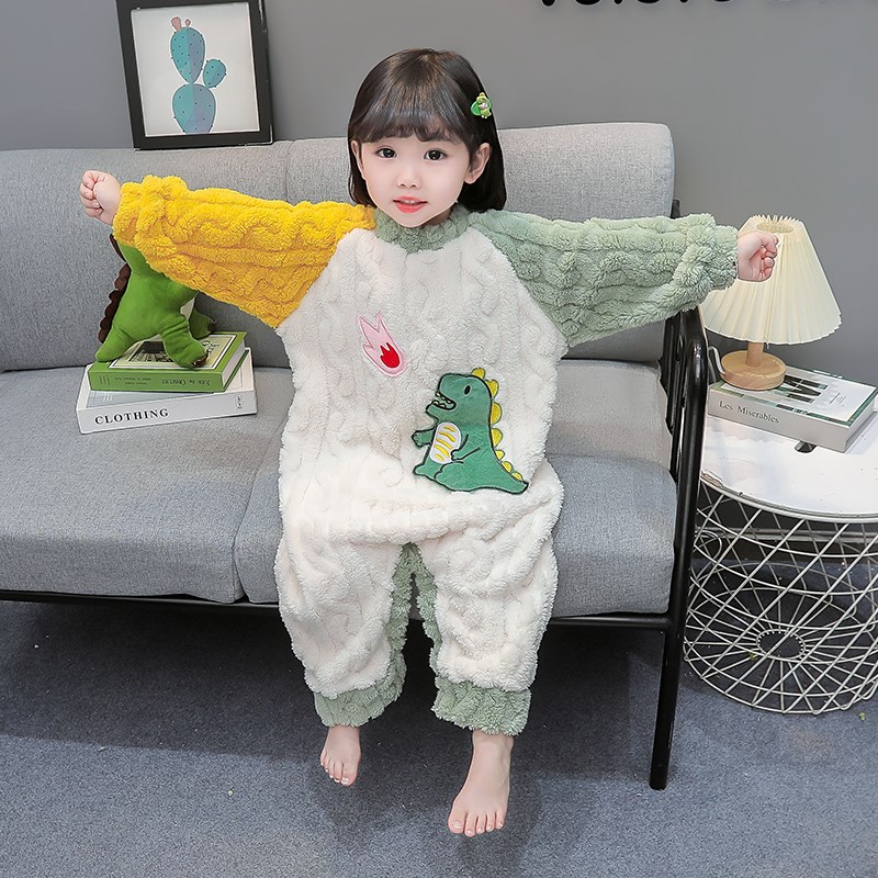 儿童连体睡衣珊瑚绒女宝宝冬季加绒加厚法兰绒爬服卡通婴幼儿睡袋