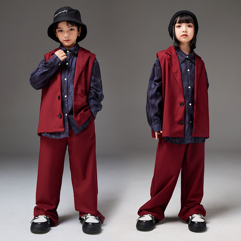 街舞儿童潮服嘻哈红色西装马甲演出服男童套装hiphop童装走秀女孩