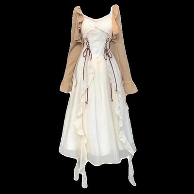 大码胖mm度假风波西米亚绑带荷叶边吊带连衣裙女春秋温柔开衫套装