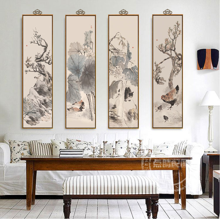 客厅花鸟四联组合装饰画新中式竖幅墙画玄关书房壁画水墨禅意挂画