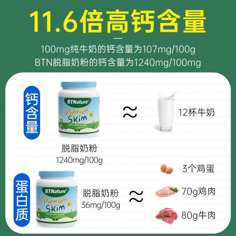 BTNature贝特恩 全脂 脱脂 奶粉1kg